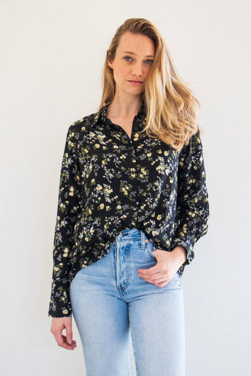 lennox button up blouse- black vintage print