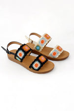 granny square crochet double strap sandal- black