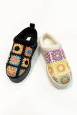 granny square sherpa platform slip on boot- black