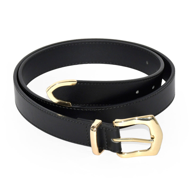 black smooth finish belt with gold metal hardware