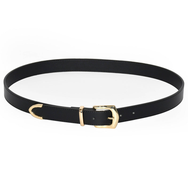 black smooth finish belt with gold metal hardware