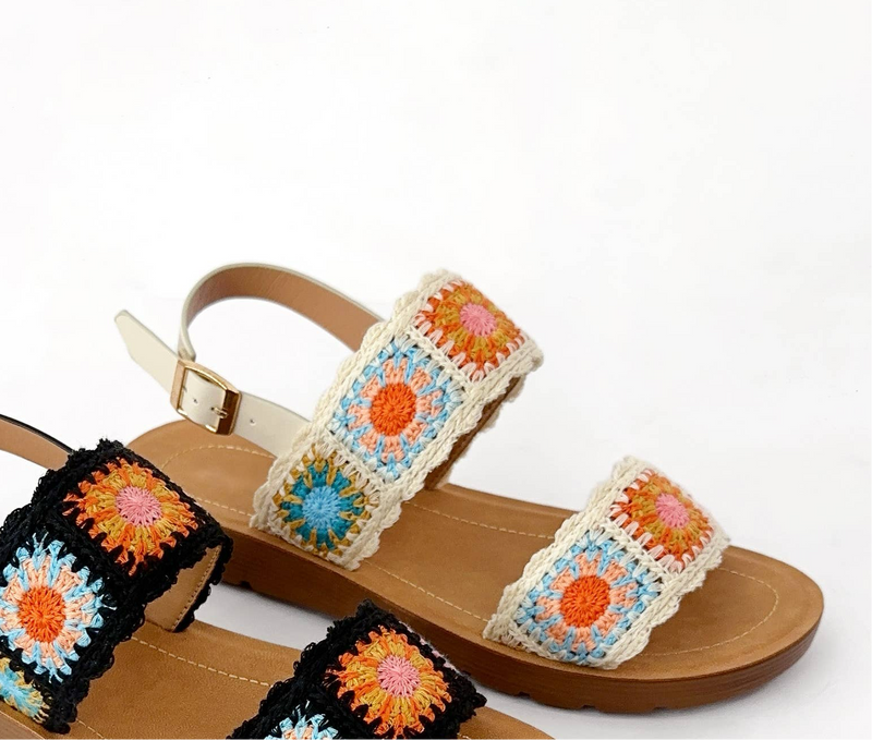 granny square crochet double strap sandal- beige