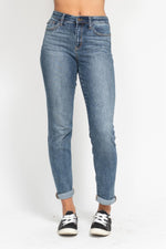 high rise bleach splash boyfriend jean