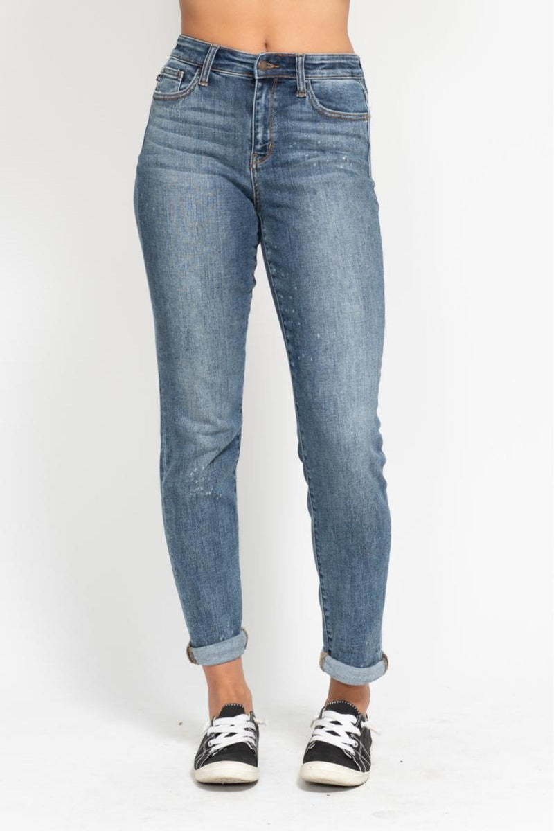 high rise bleach splash boyfriend jean