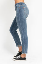 high rise bleach splash boyfriend jean