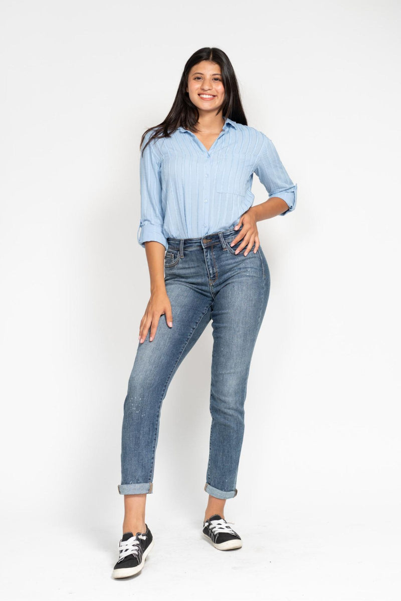 high rise bleach splash boyfriend jean