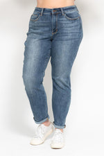 high rise bleach splash boyfriend jean plus