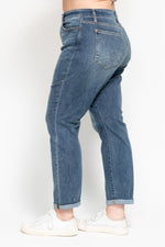 high rise bleach splash boyfriend jean plus