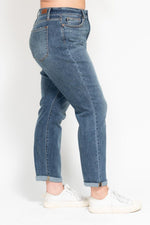 high rise bleach splash boyfriend jean plus