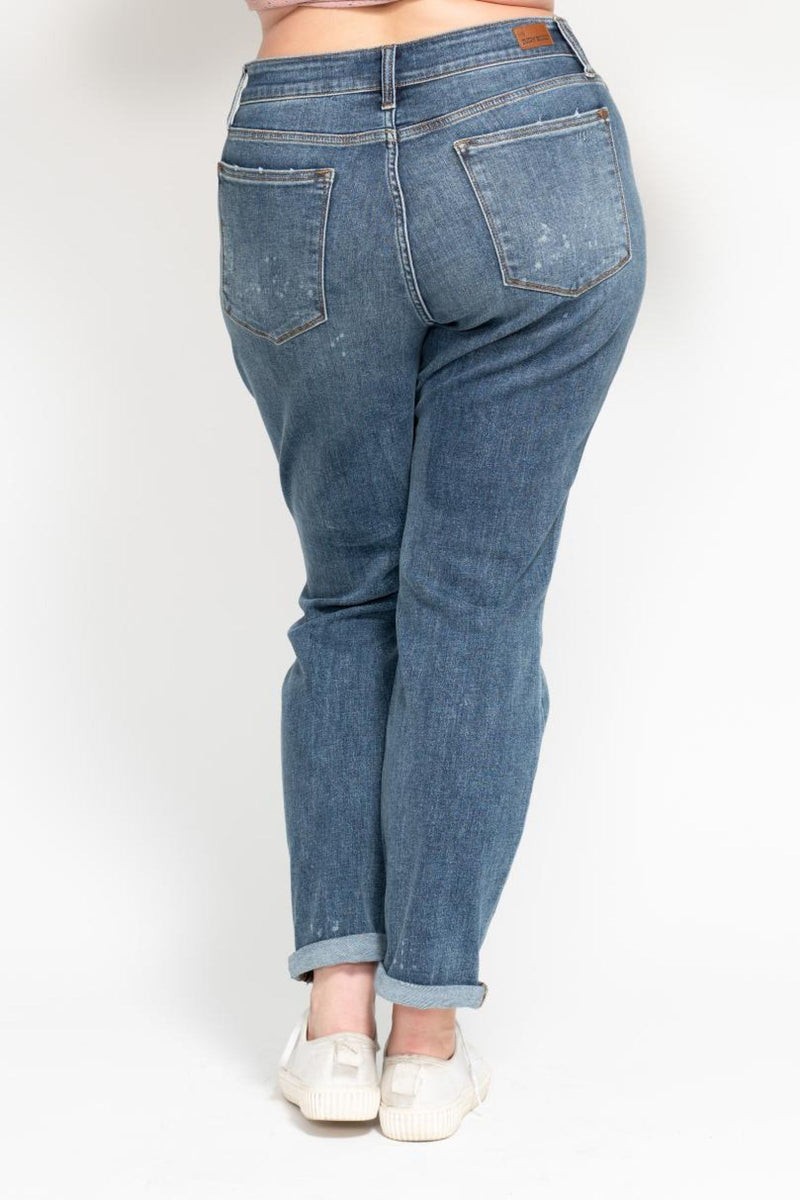 high rise bleach splash boyfriend jean plus