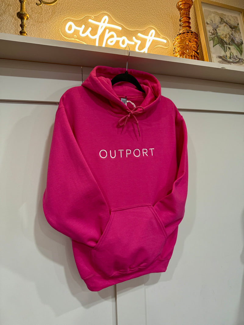 the outport hoodie- jellybean row pink