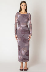 printed mesh maxi dress