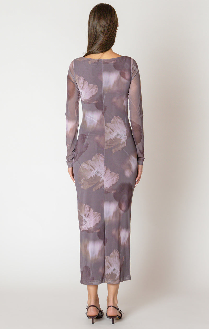 printed mesh maxi dress