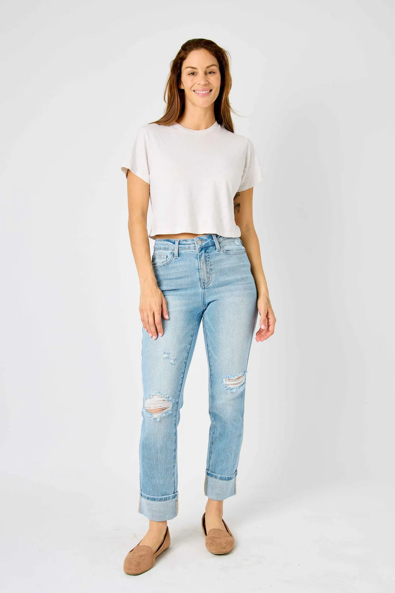 star mid rise cuff boyfriend jeans