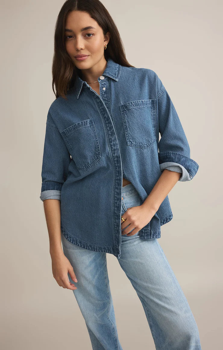 all day luxe soft denim jacket- worn indigo