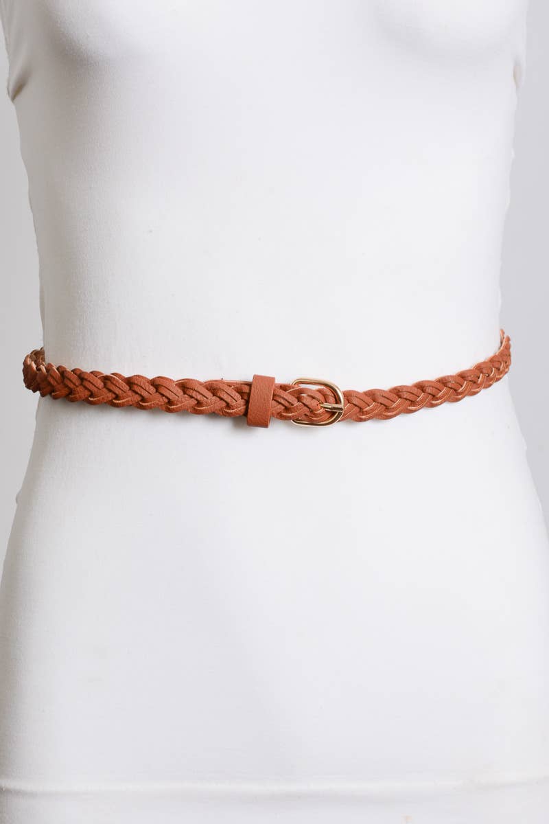 faux leather skinny braided belt camel