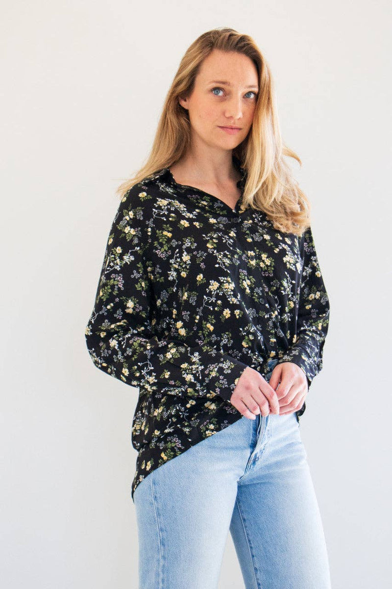 lennox button up blouse- black vintage print