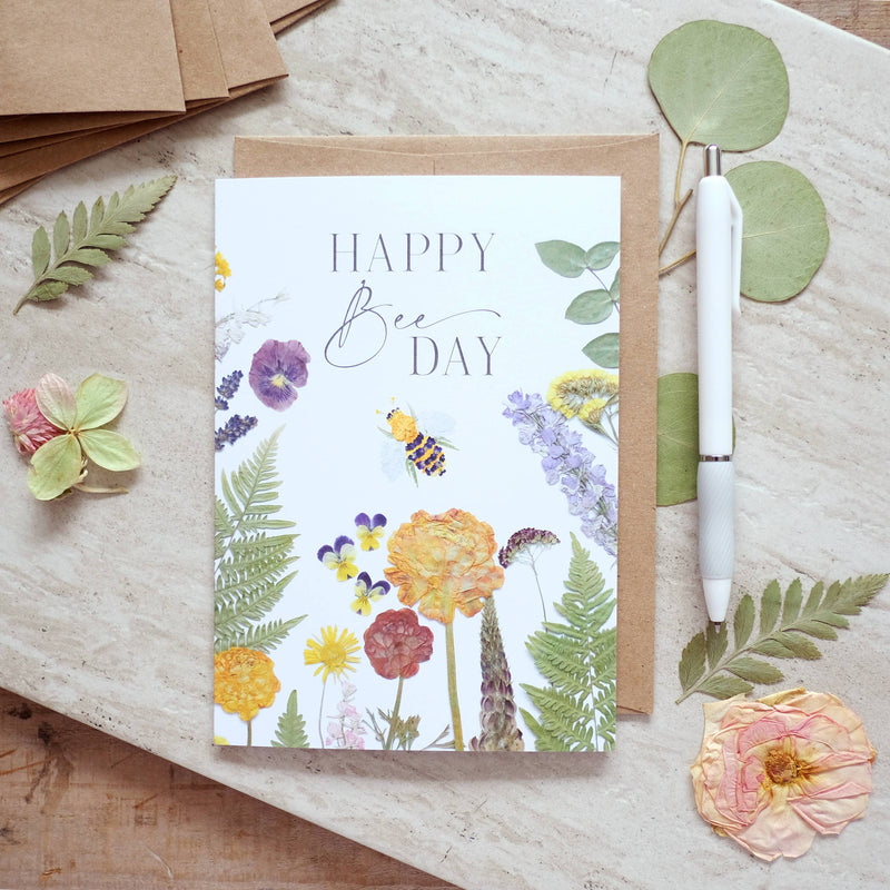 happy BEE day pressed flower card