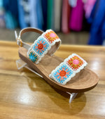 granny square crochet double strap sandal- beige