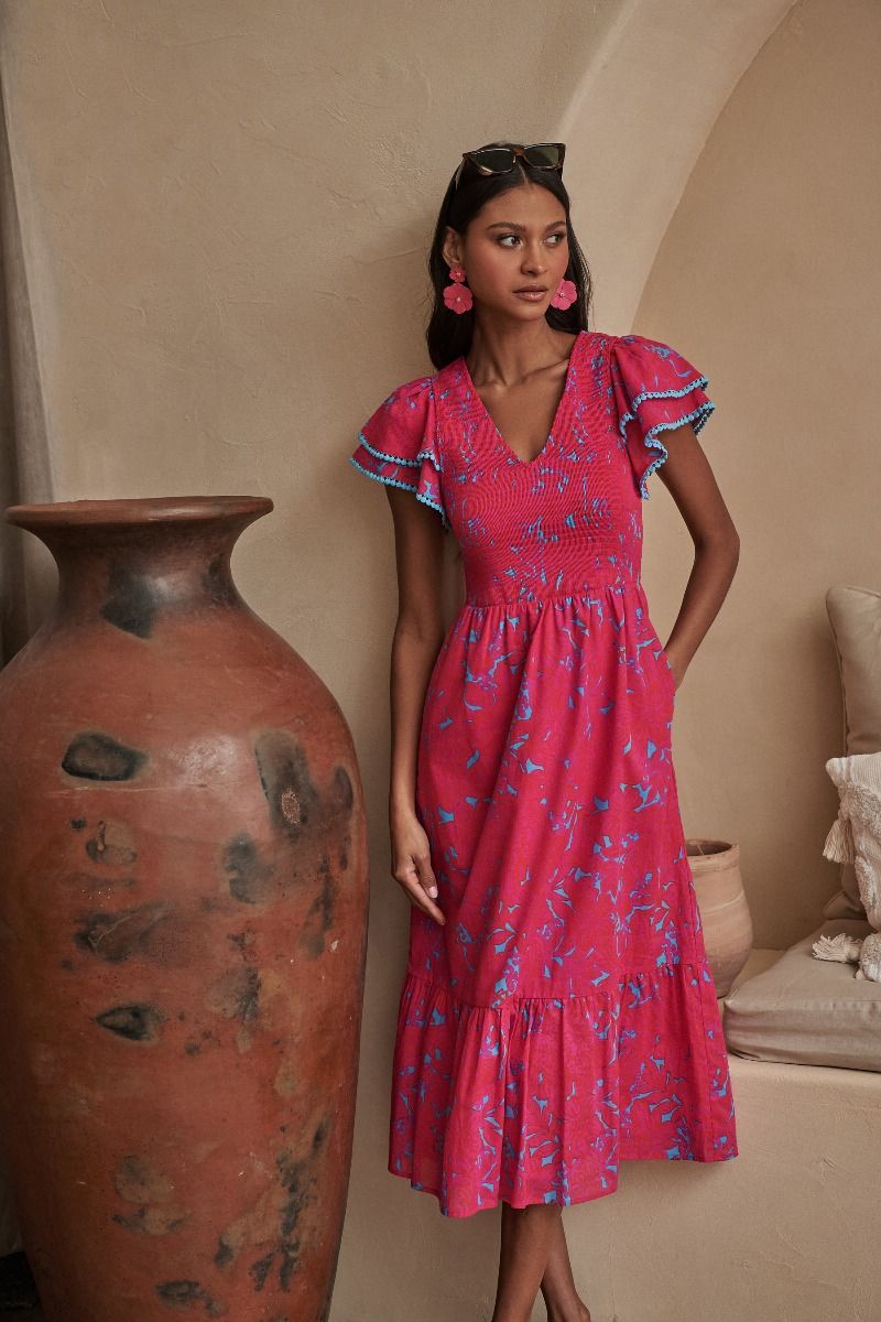 delina floral tiered midi dress