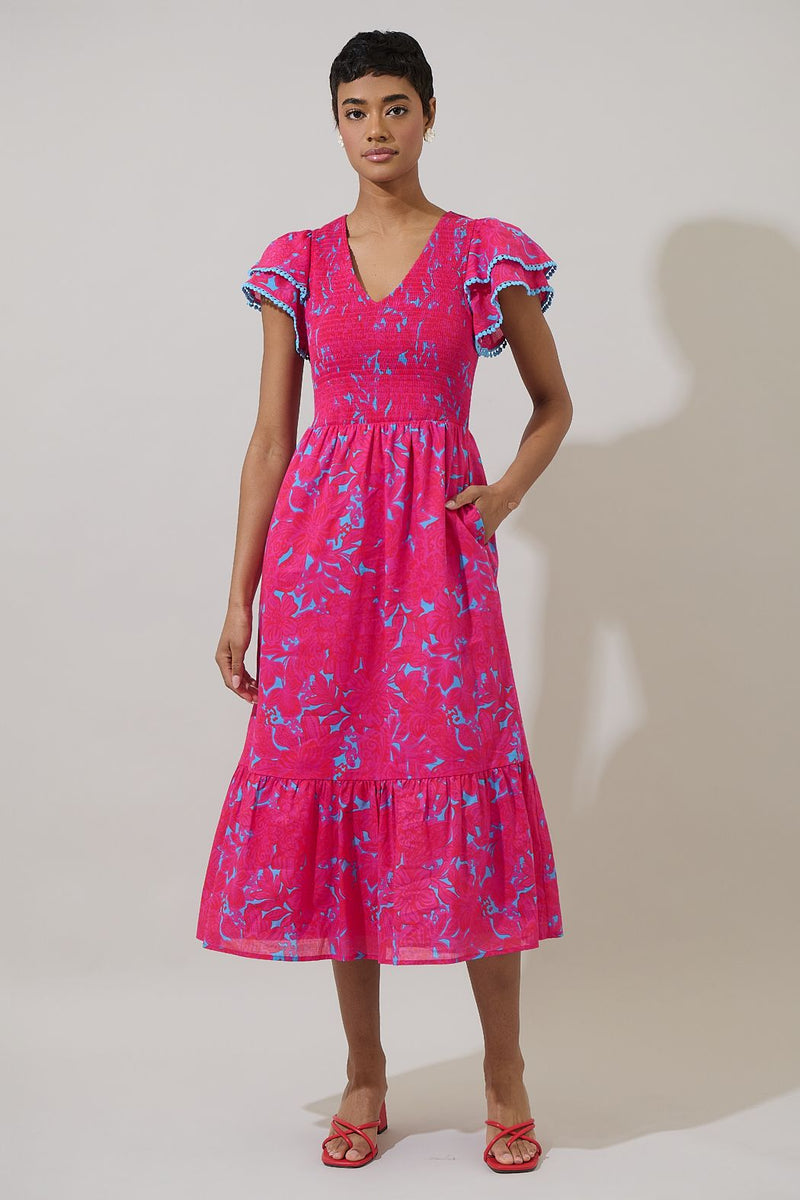 delina floral tiered midi dress