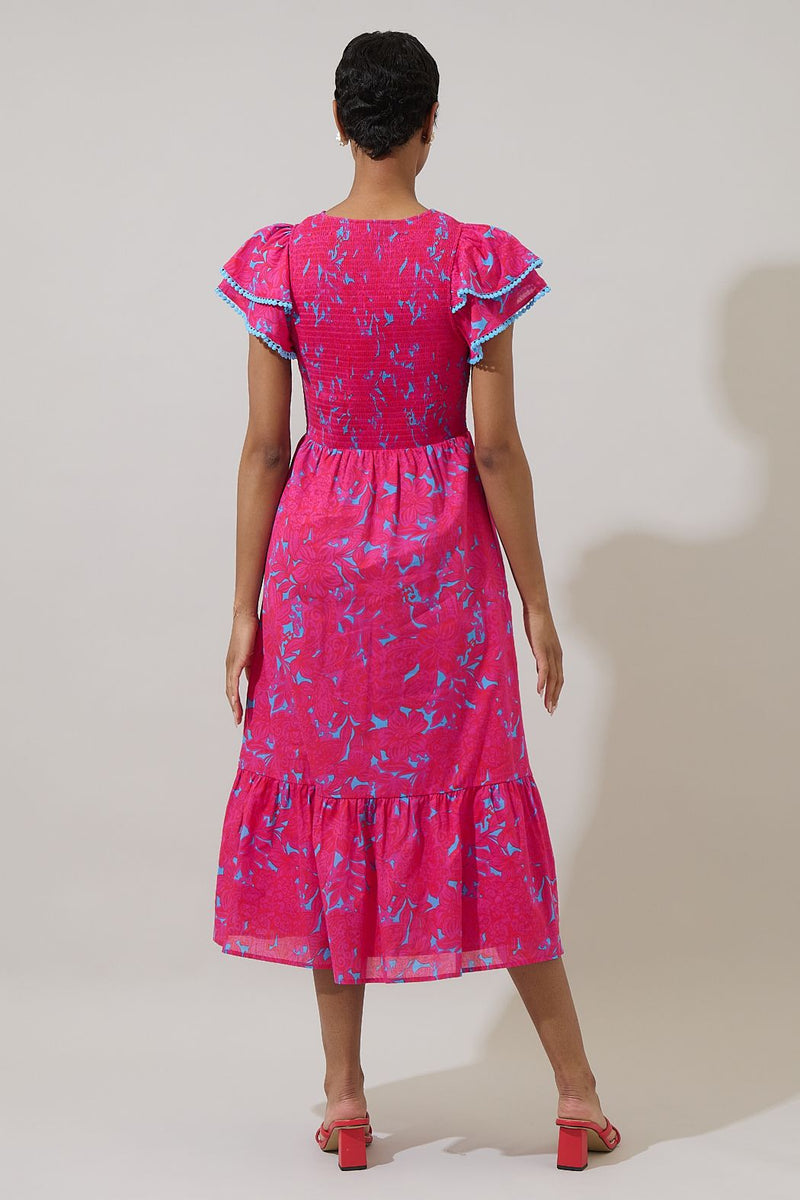 delina floral tiered midi dress