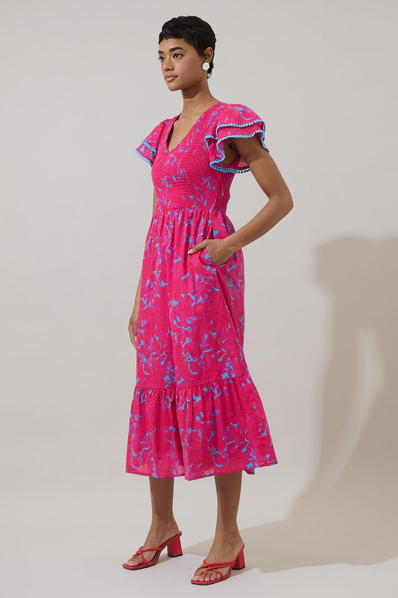delina floral tiered midi dress
