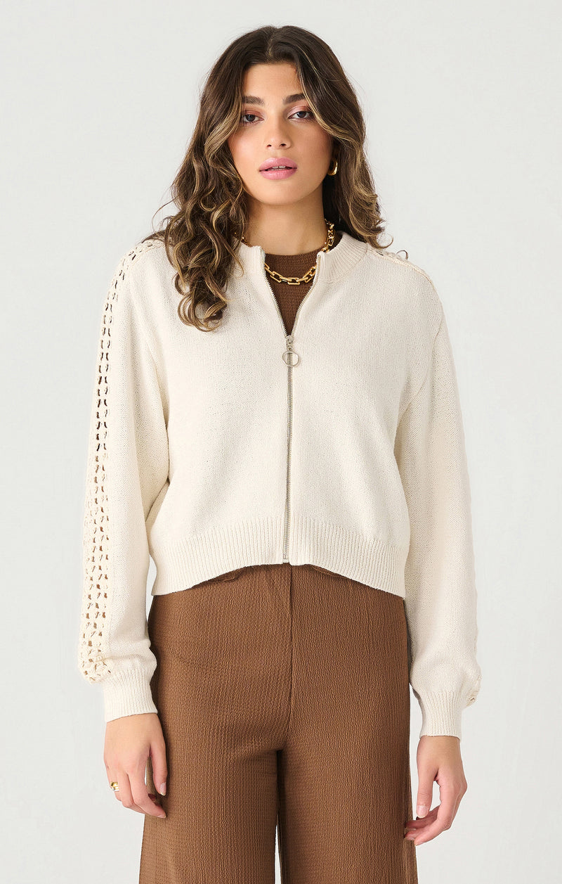 lara crochet sleeve sweater bomber