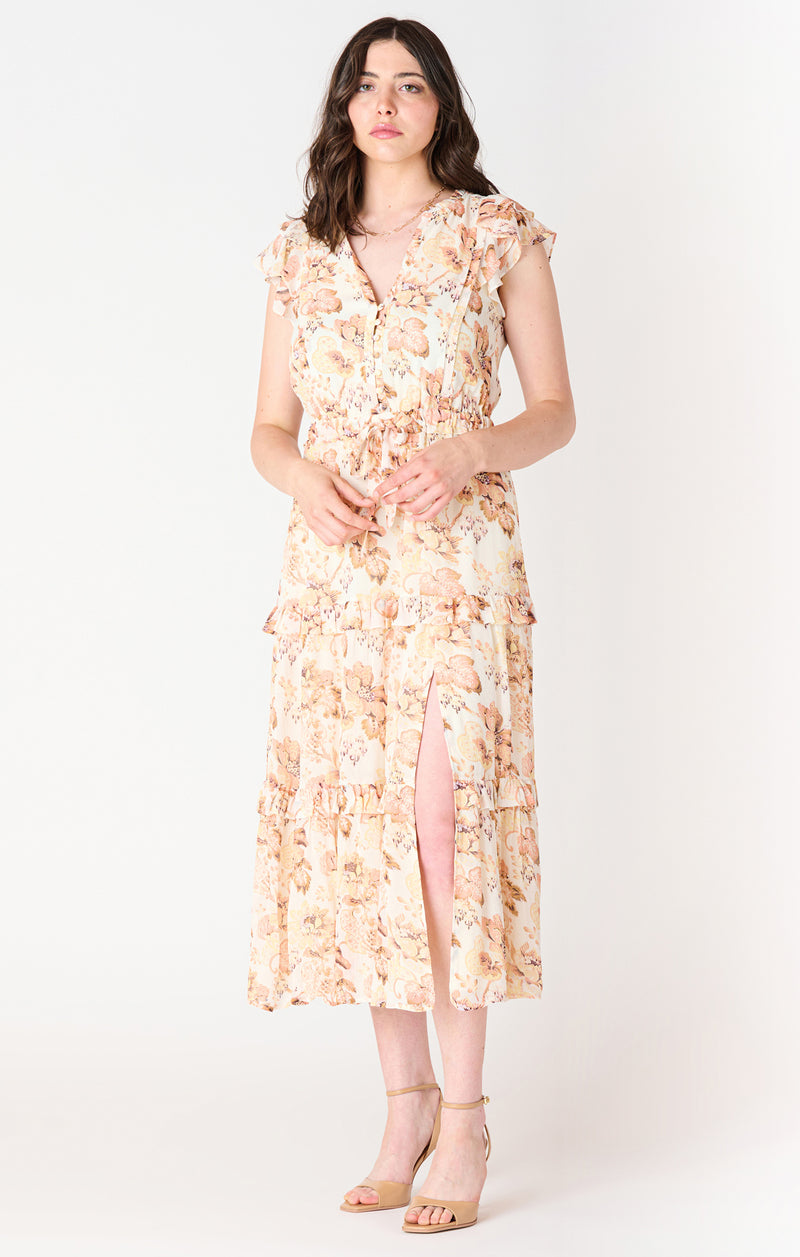 carmine flutter sleeve tiered midi dress