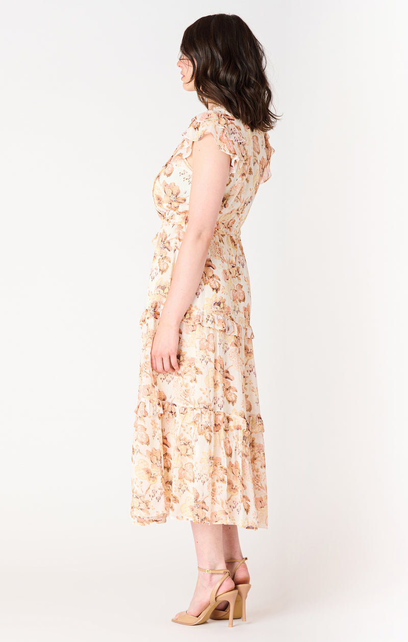 carmine flutter sleeve tiered midi dress